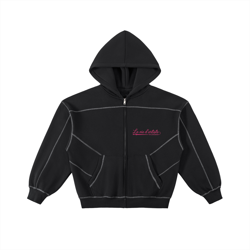 Contrast-Stitched Boxy Fleece Zip Hoodie