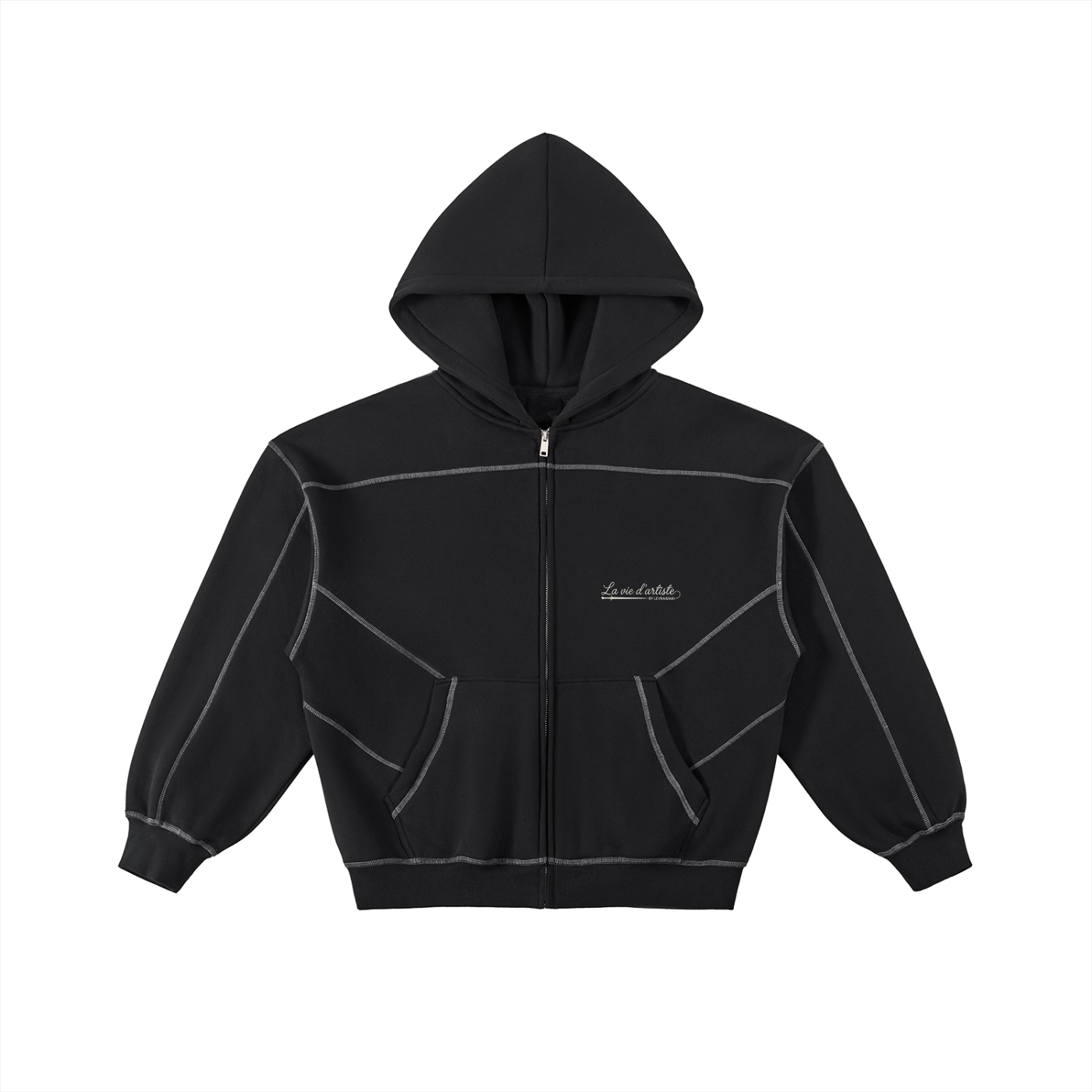 Contrast-Stitched Boxy Fleece Zip Hoodie